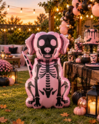 Party Paradise Store dog skeleton inflatable balloon in pink and black for Halloween yard decor