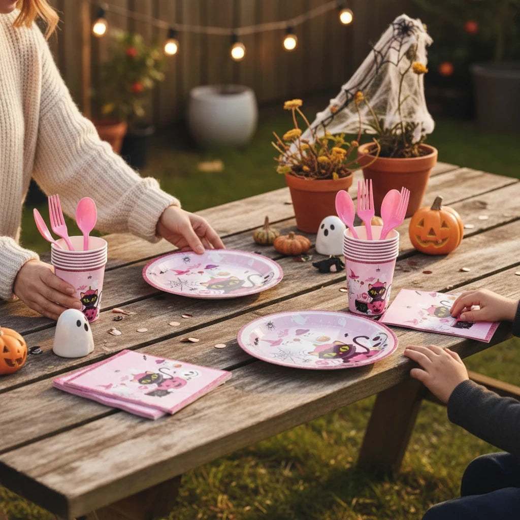 Party Paradise Store pink Halloween tableware set with plates, cups, napkins, and cutlery for 25 guests on a table.