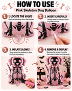 Party Paradise Store pink dog skeleton balloon with step-by-step inflation instructions for Halloween decoration