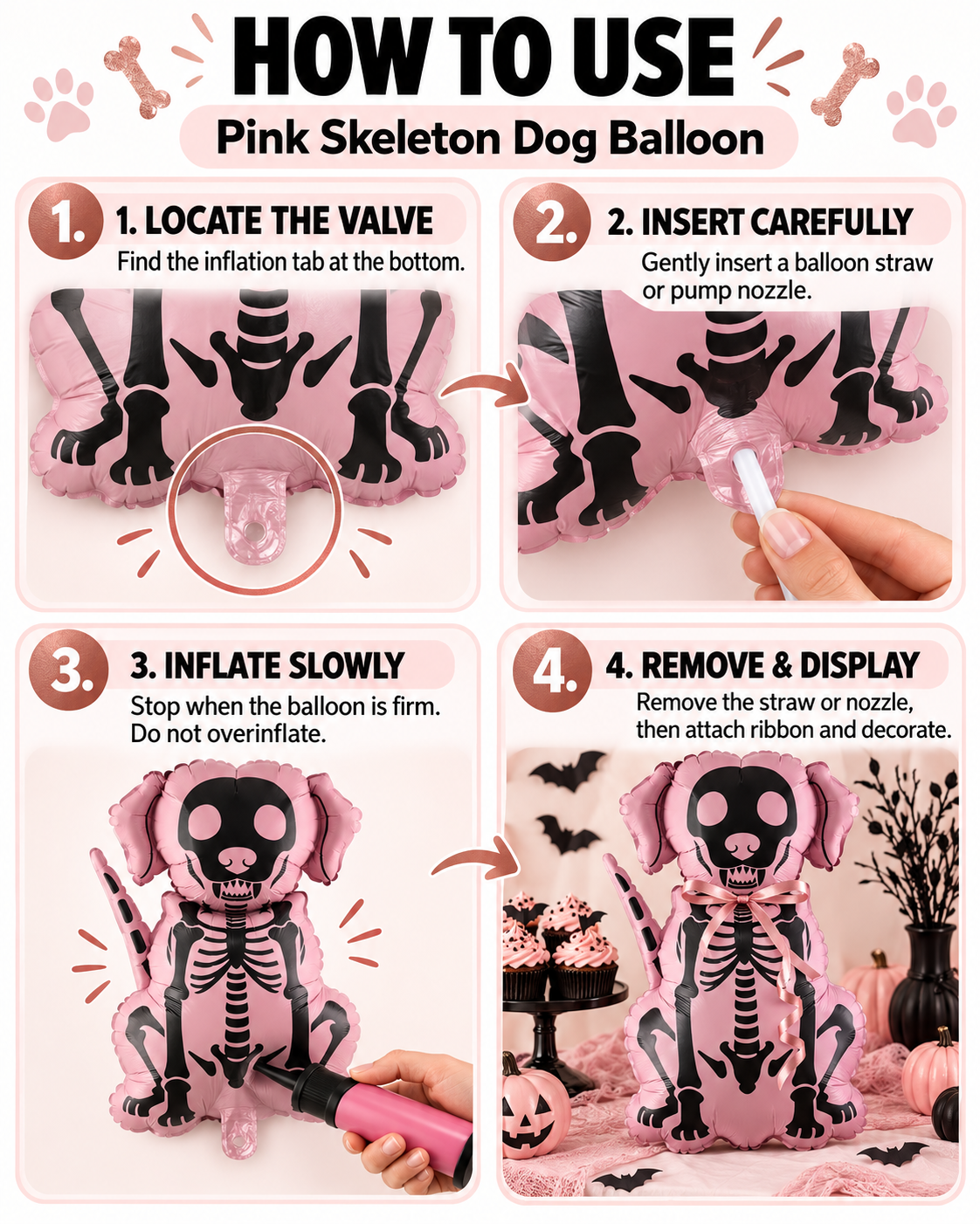Party Paradise Store pink dog skeleton balloon with step-by-step inflation instructions for Halloween decoration