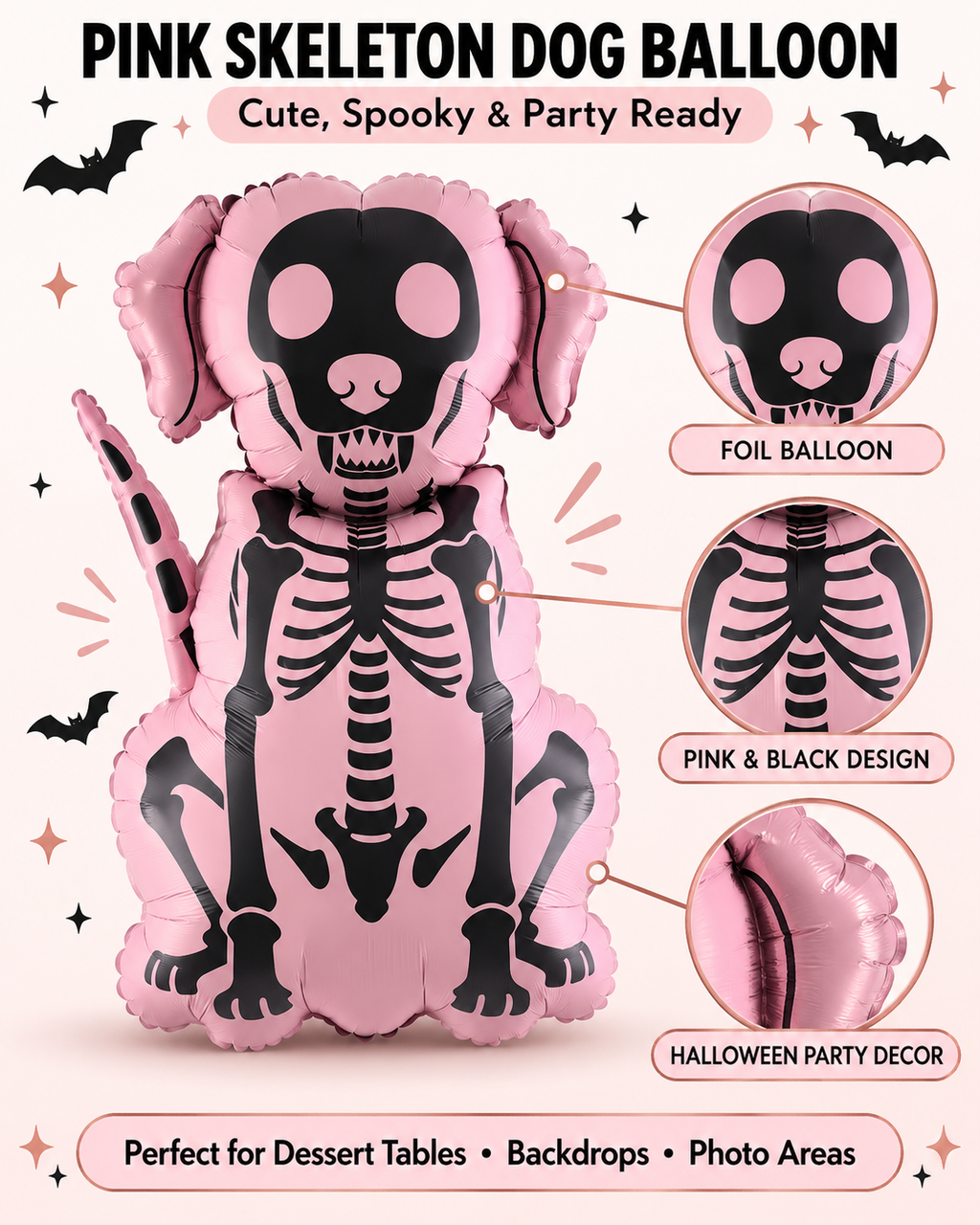 Party Paradise Store pink and black dog skeleton foil balloon for Halloween party decorations and backdrops