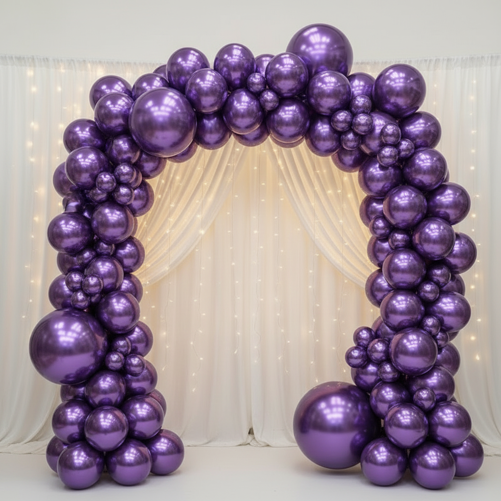 Party Paradise Store purple chrome latex balloon arch for weddings and parties with a metallic finish