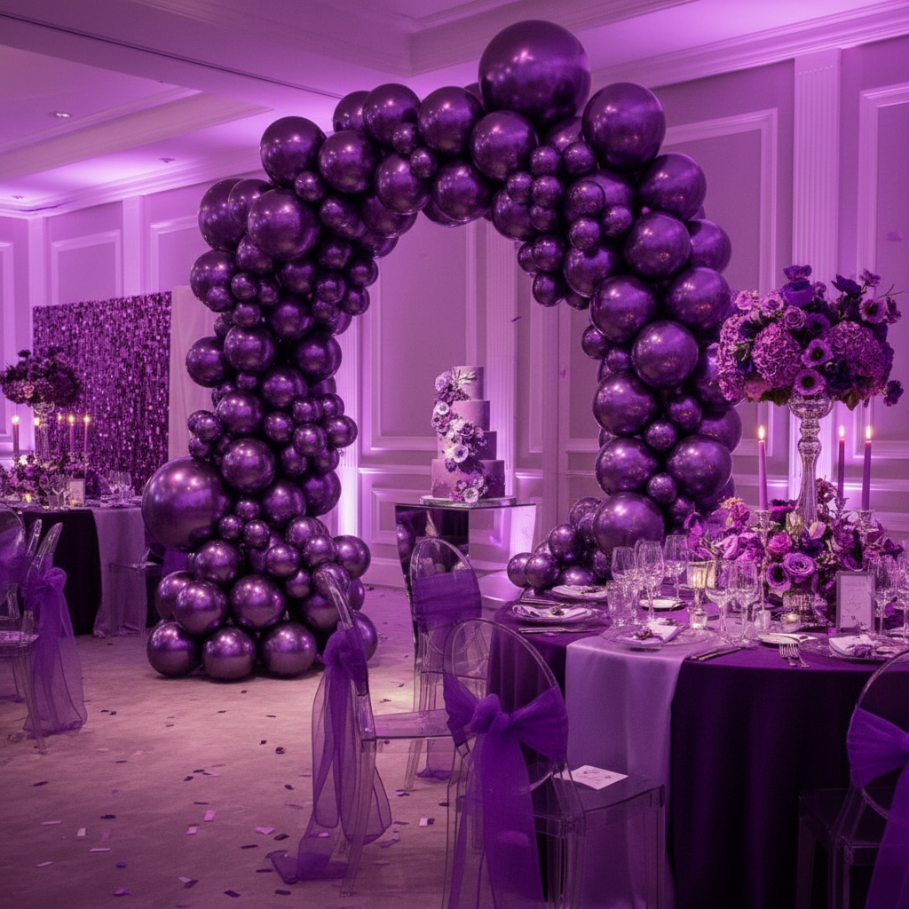 Party Paradise Store purple chrome latex balloons arranged in a large arch for an elegant wedding reception decor