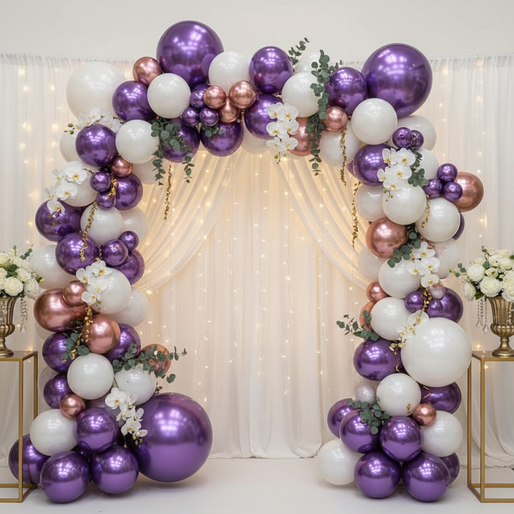 Party Paradise Store purple and white chrome latex balloon arch decorated with flowers for a wedding or party event