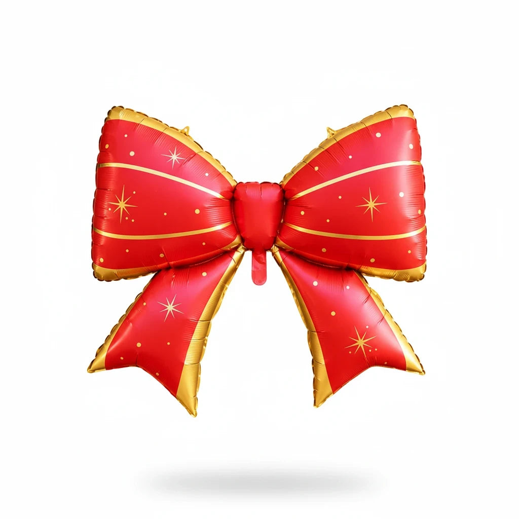 Party Paradise Store red and gold foil balloon bow with star patterns for Christmas holiday party decorations