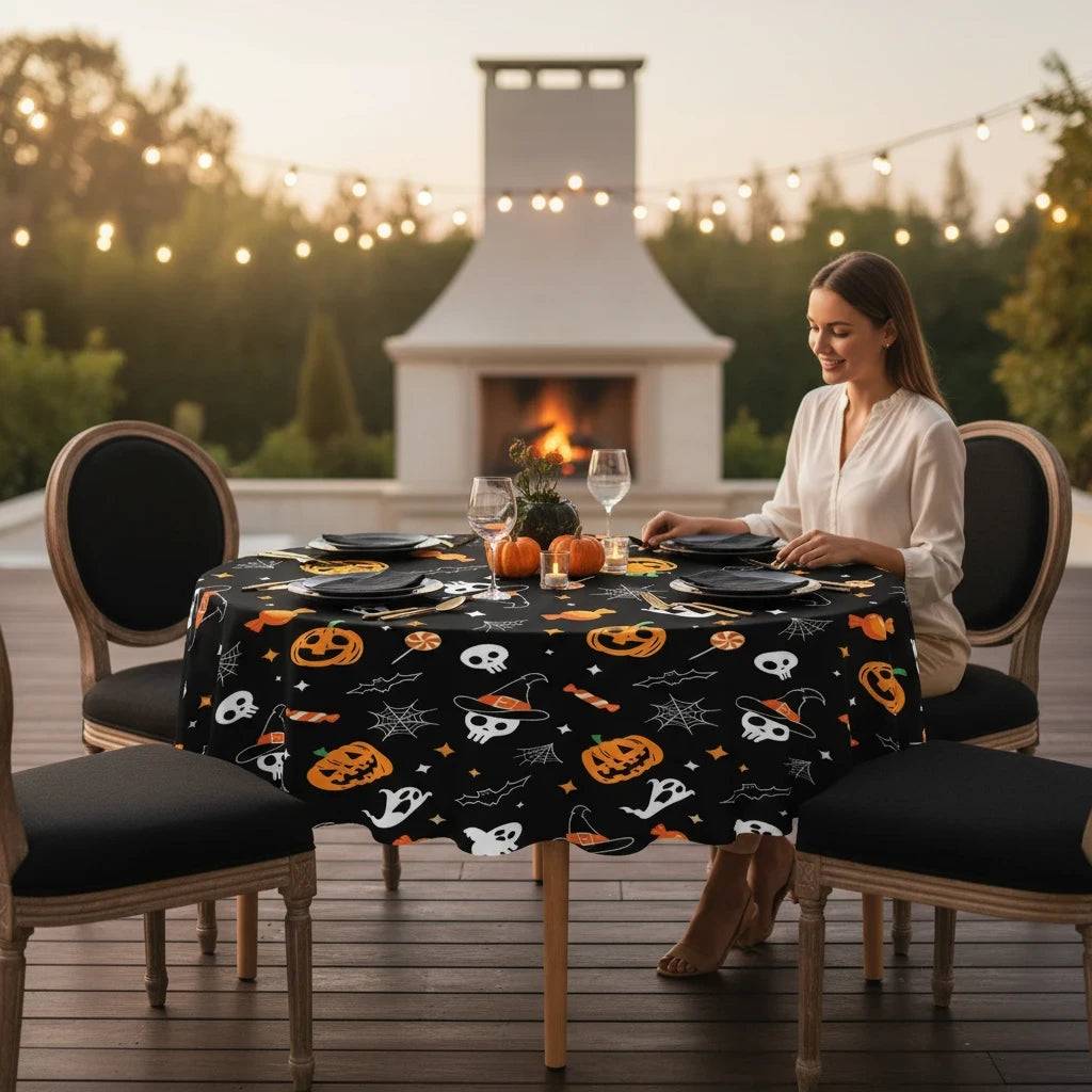 Party Paradise Store round Halloween tablecloth with jack-o'-lanterns and ghosts on a patio table setting