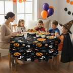 Party Paradise Store round Halloween tablecloth with jack-o'-lanterns, ghosts, and skulls on a black background.