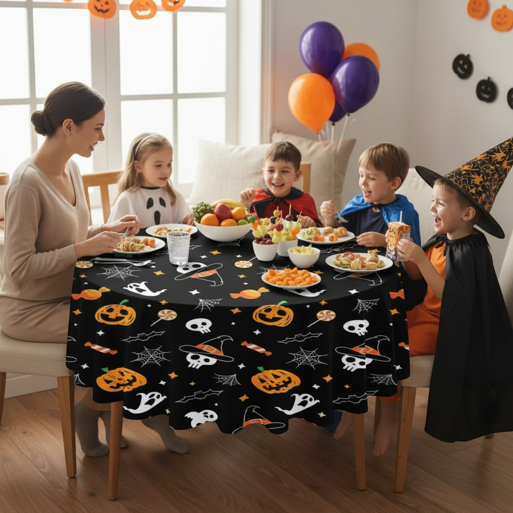 Party Paradise Store round Halloween tablecloth with jack-o'-lanterns, ghosts, and skulls on a black background.