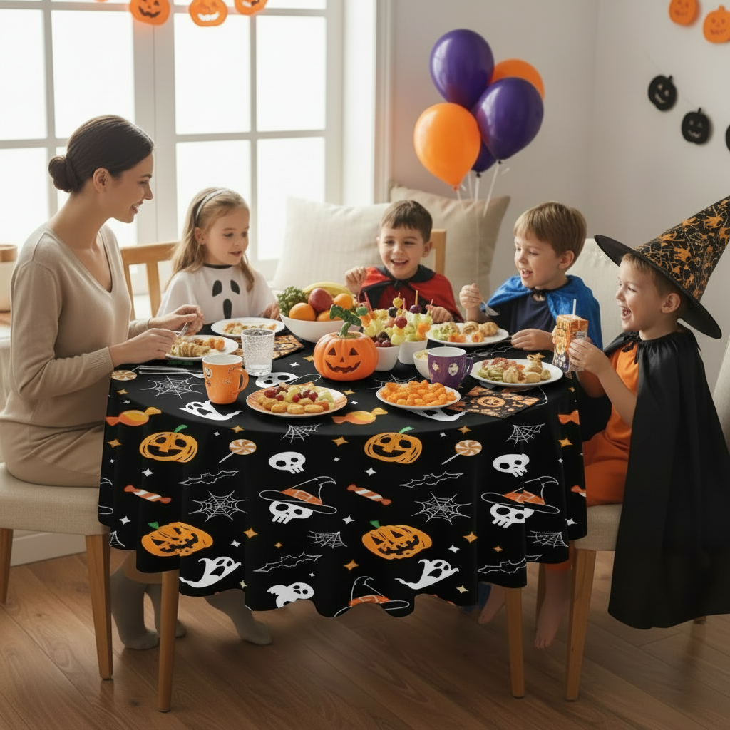 Party Paradise Store round Halloween tablecloth with jack-o'-lanterns, ghosts, and skulls on a family dining table.