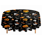 Party Paradise Store round Halloween tablecloth with jack-o'-lanterns, ghosts, and skulls on a black background.