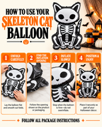 Party Paradise Store skeleton cat foil balloon with step-by-step inflation instructions for Halloween decoration.
