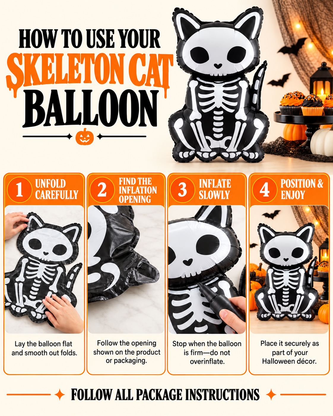 Party Paradise Store skeleton cat foil balloon with step-by-step inflation instructions for Halloween decoration.