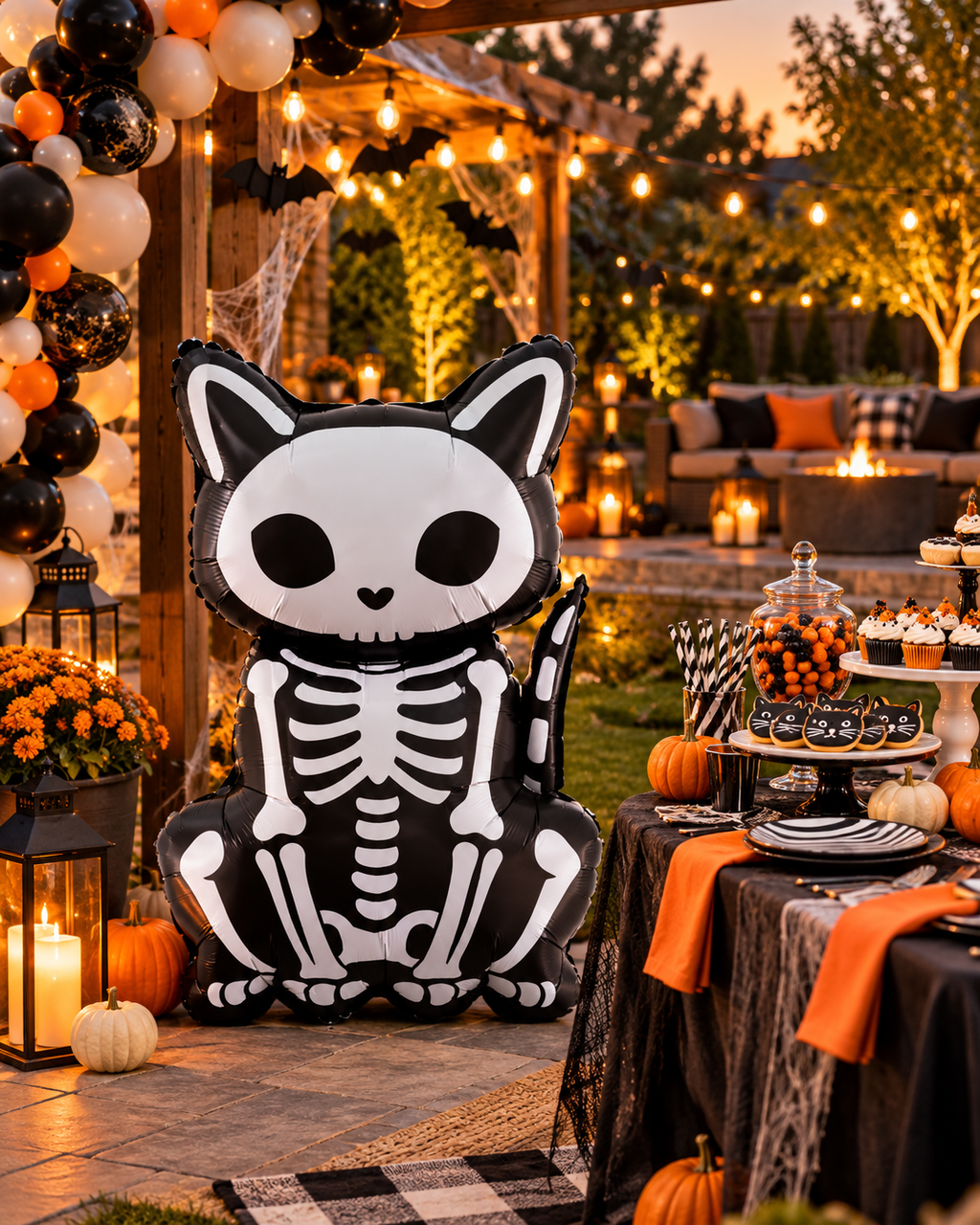 Party Paradise Store skeleton cat foil balloon in black and white, standing in a festive outdoor Halloween setting.