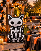 Party Paradise Store skeleton cat foil balloon in black and white, standing in a festive outdoor Halloween setting.