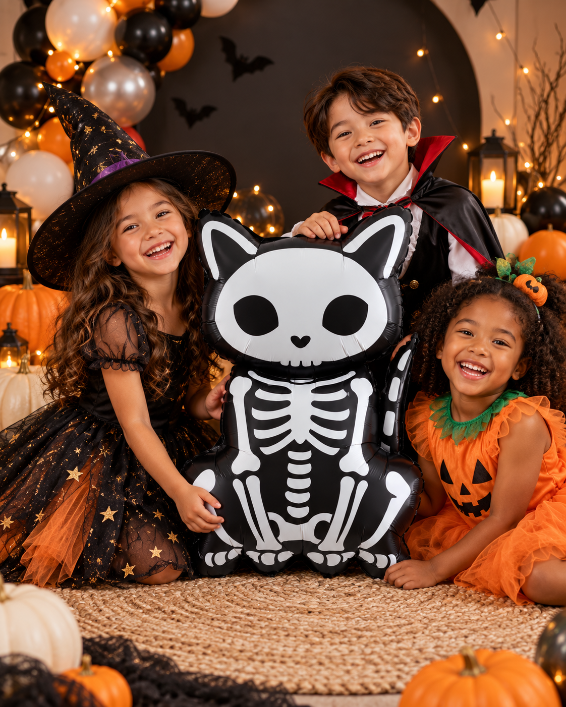 Party Paradise Store skeleton cat foil balloon held by three children in Halloween costumes at a festive party.