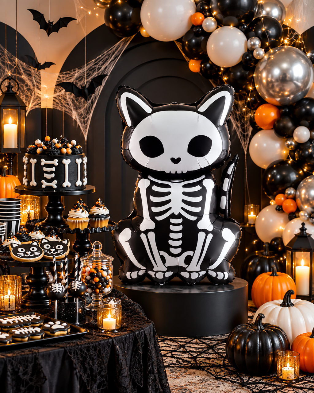 Party Paradise Store skeleton cat foil balloon in black and white, featured in a spooky Halloween party display.