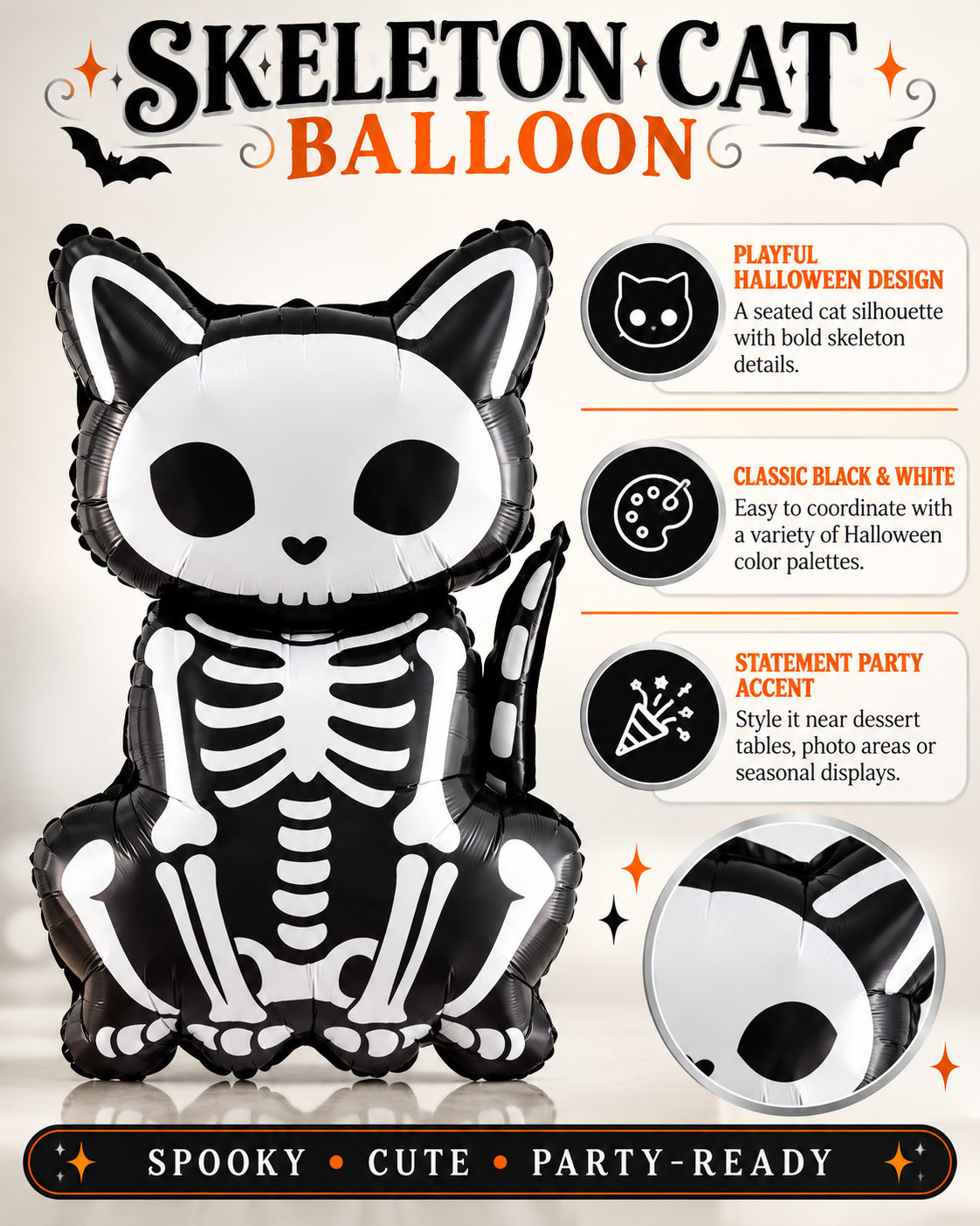 Party Paradise Store skeleton cat foil balloon in black and white for Halloween party decorations