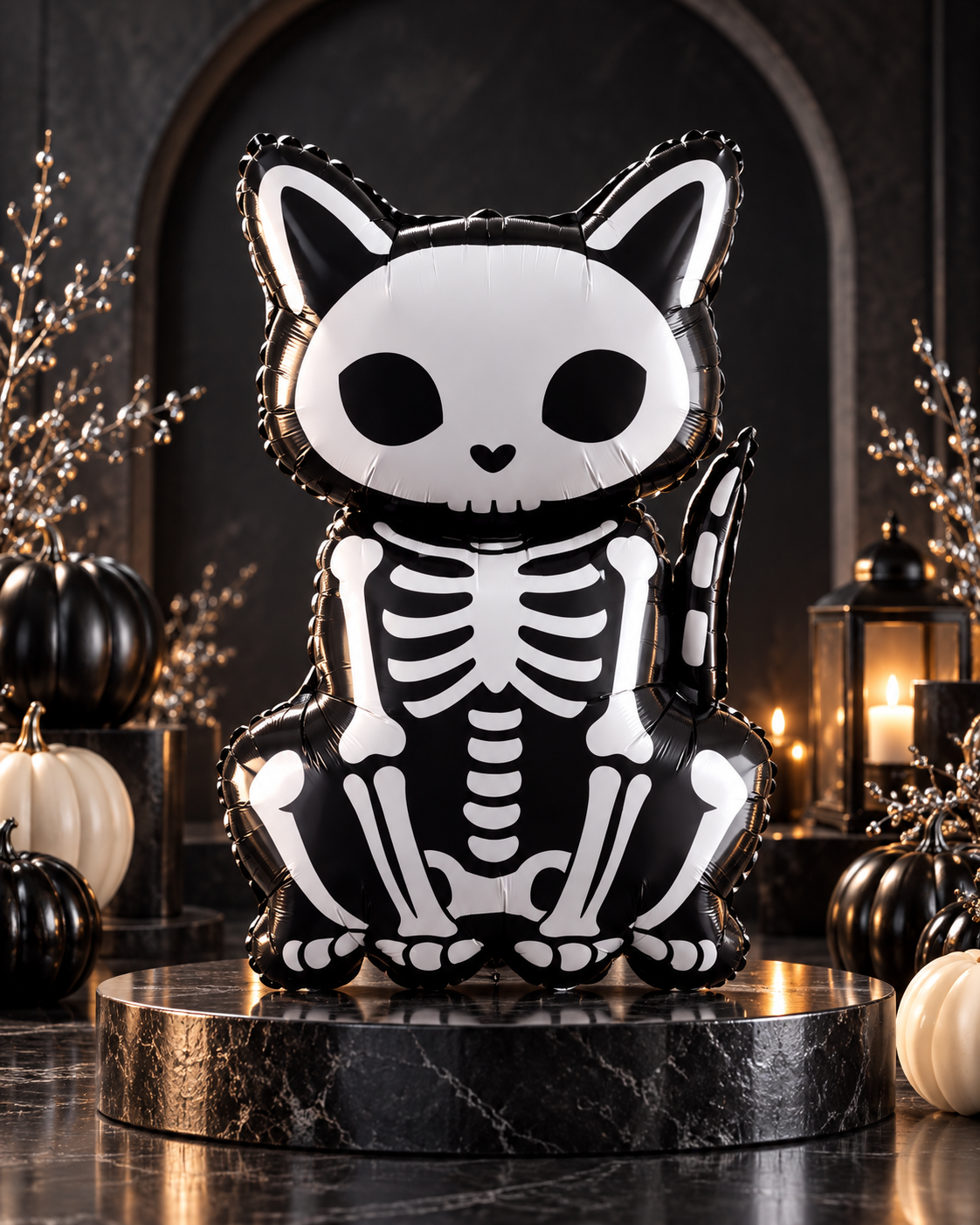 Party Paradise Store skeleton cat foil balloon in black and white for Halloween party decor on a marble pedestal. Main image
