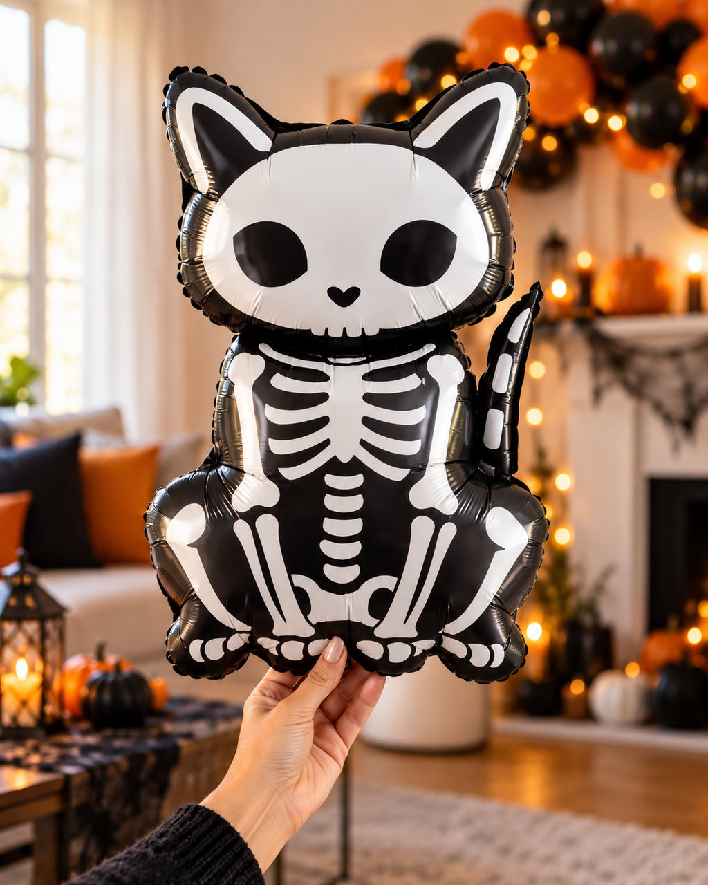 Party Paradise Store skeleton cat foil balloon in black and white for Halloween party decorations