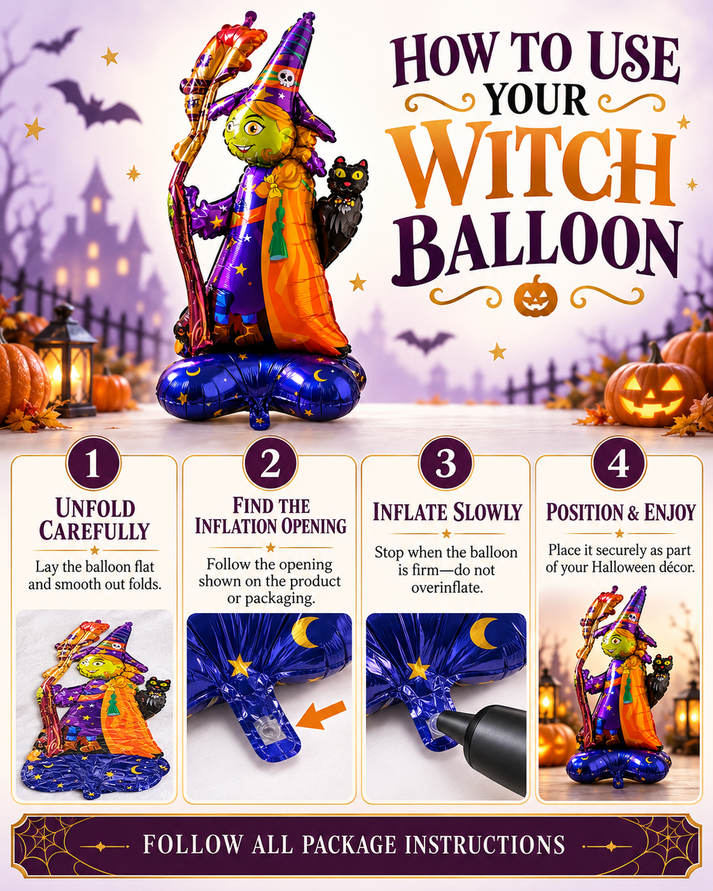 Party Paradise Store standing witch foil balloon with green face, purple hat, broomstick, and black cat for Halloween