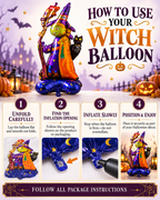 Party Paradise Store standing witch foil balloon with green face, purple hat, broomstick, and black cat for Halloween