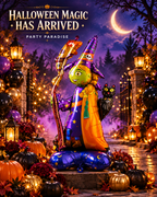 Party Paradise Store standing witch foil balloon with green face, purple hat, and black cat in a spooky garden setting.