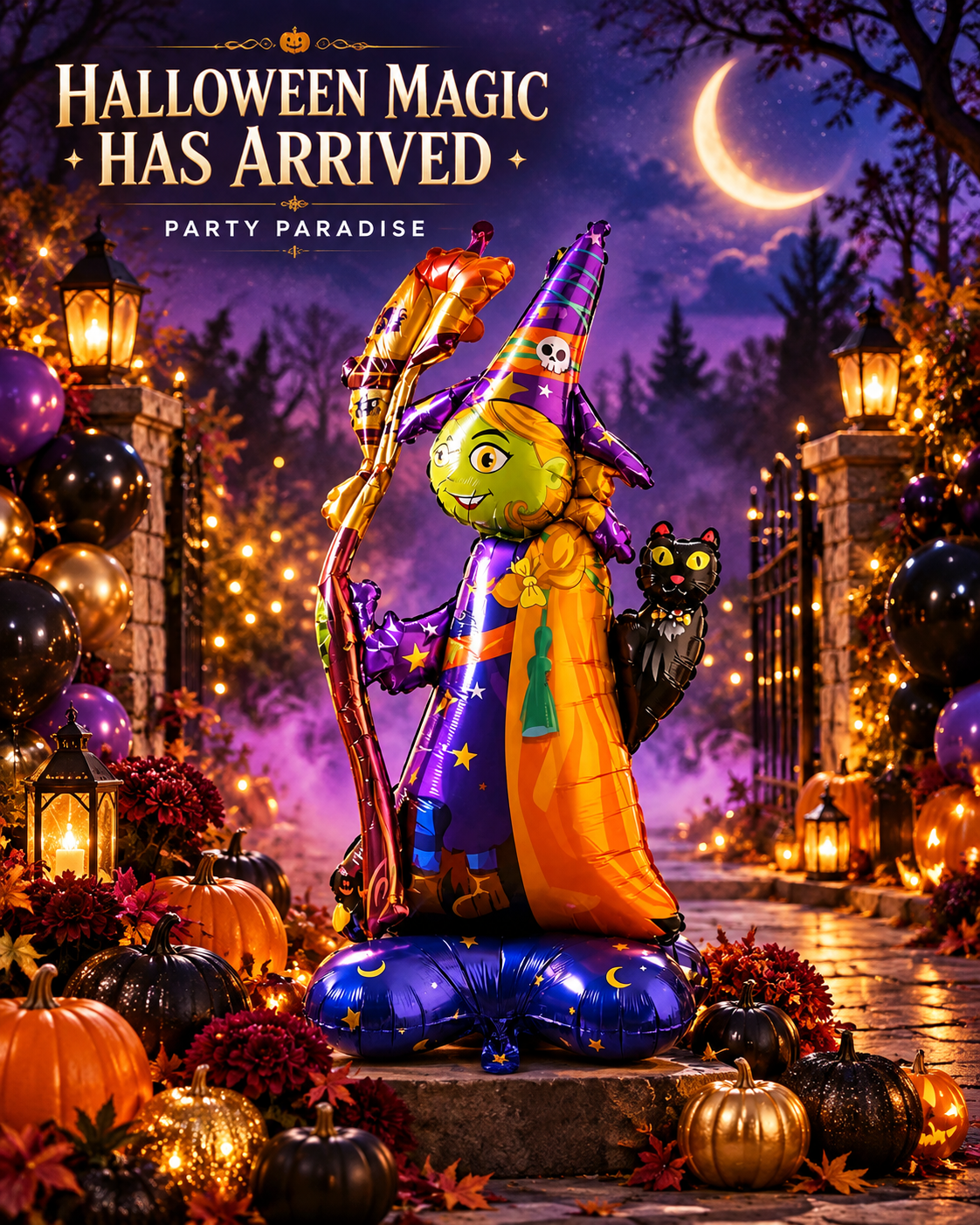 Party Paradise Store standing witch foil balloon with green face, purple hat, and black cat in a spooky garden setting.
