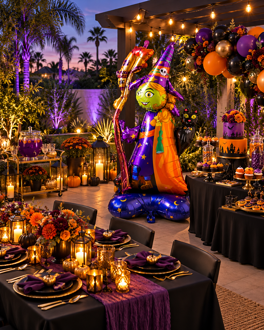 Party Paradise Store standing witch foil balloon with green face, purple hat, and black cat for Halloween decor
