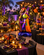 Party Paradise Store standing witch foil balloon with green face, purple hat, and black cat for Halloween decor