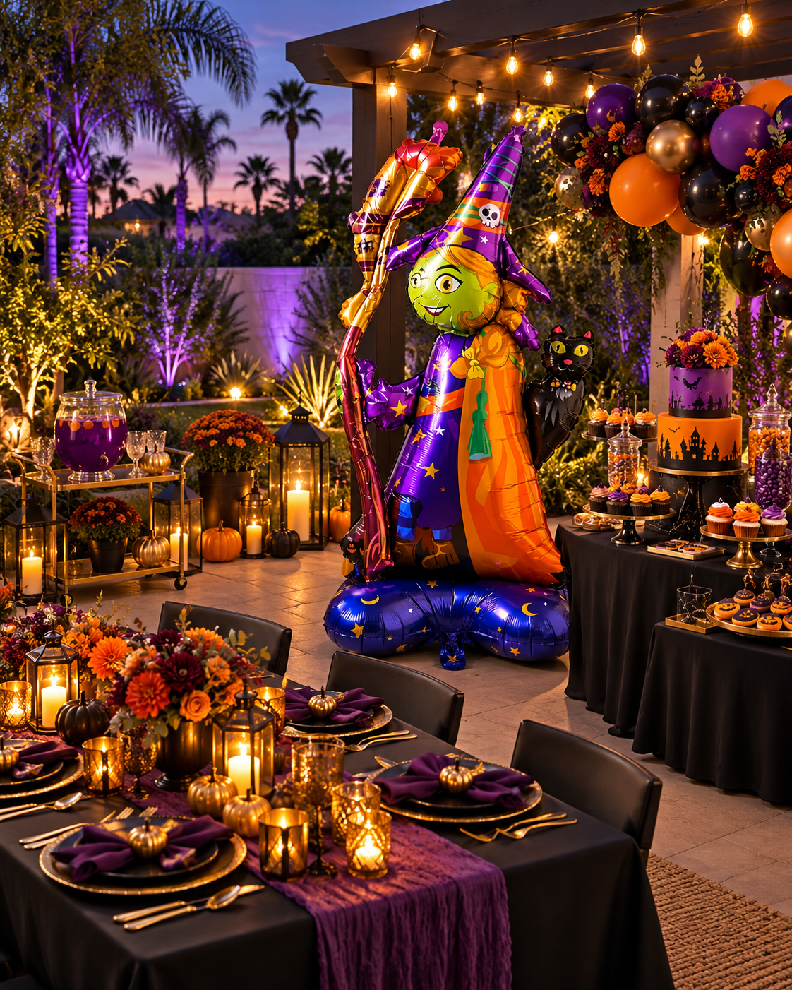 Party Paradise Store standing witch foil balloon with green face, purple hat, and black cat for Halloween decor