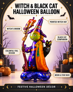 Party Paradise Store standing witch foil balloon with black cat, broomstick, and moon base for Halloween decoration.