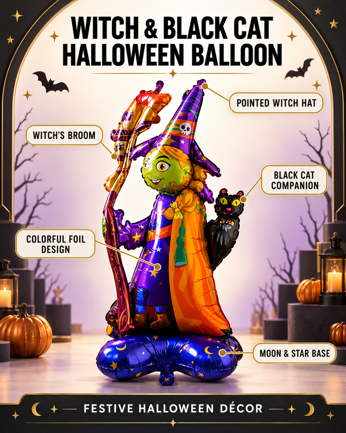 Party Paradise Store standing witch foil balloon with black cat, broomstick, and moon base for Halloween decoration.