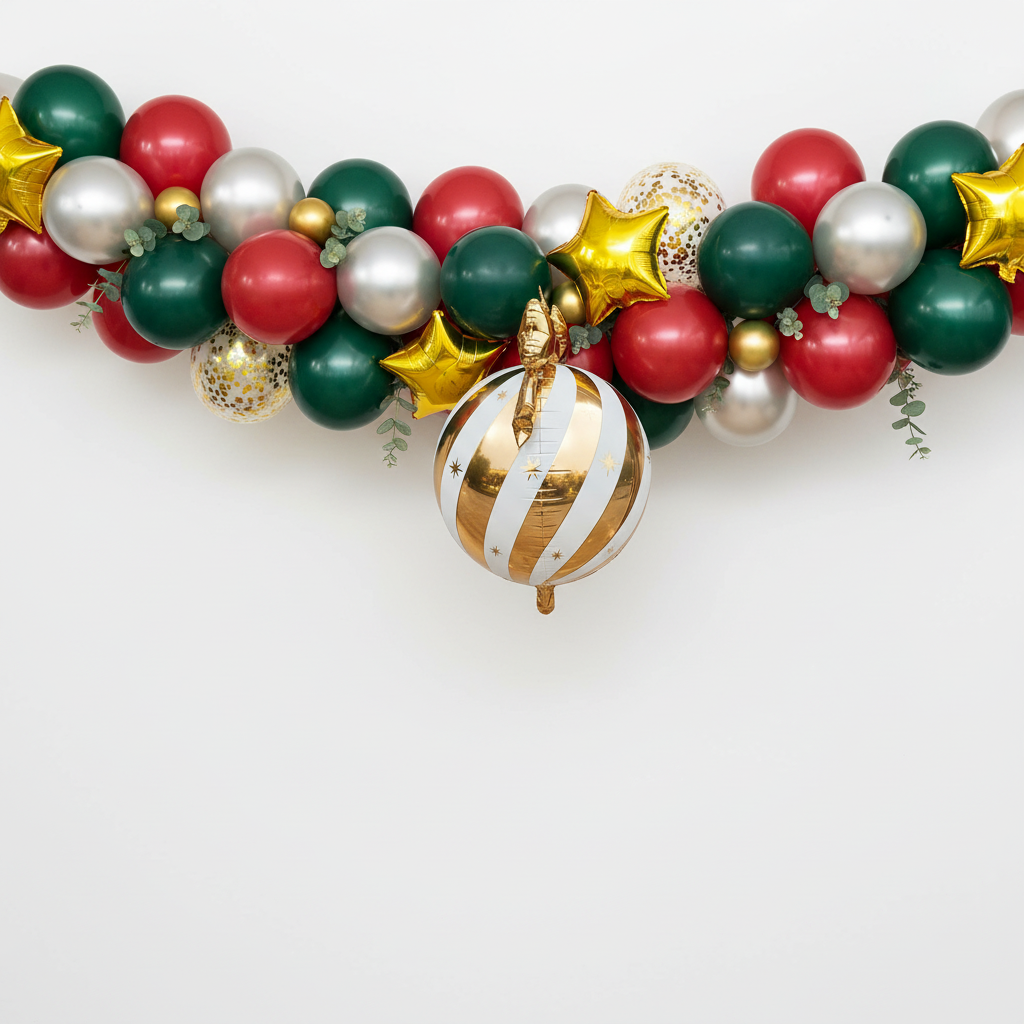 Party Paradise Store white gold Christmas ornament balloon hanging from a festive holiday balloon garland arch