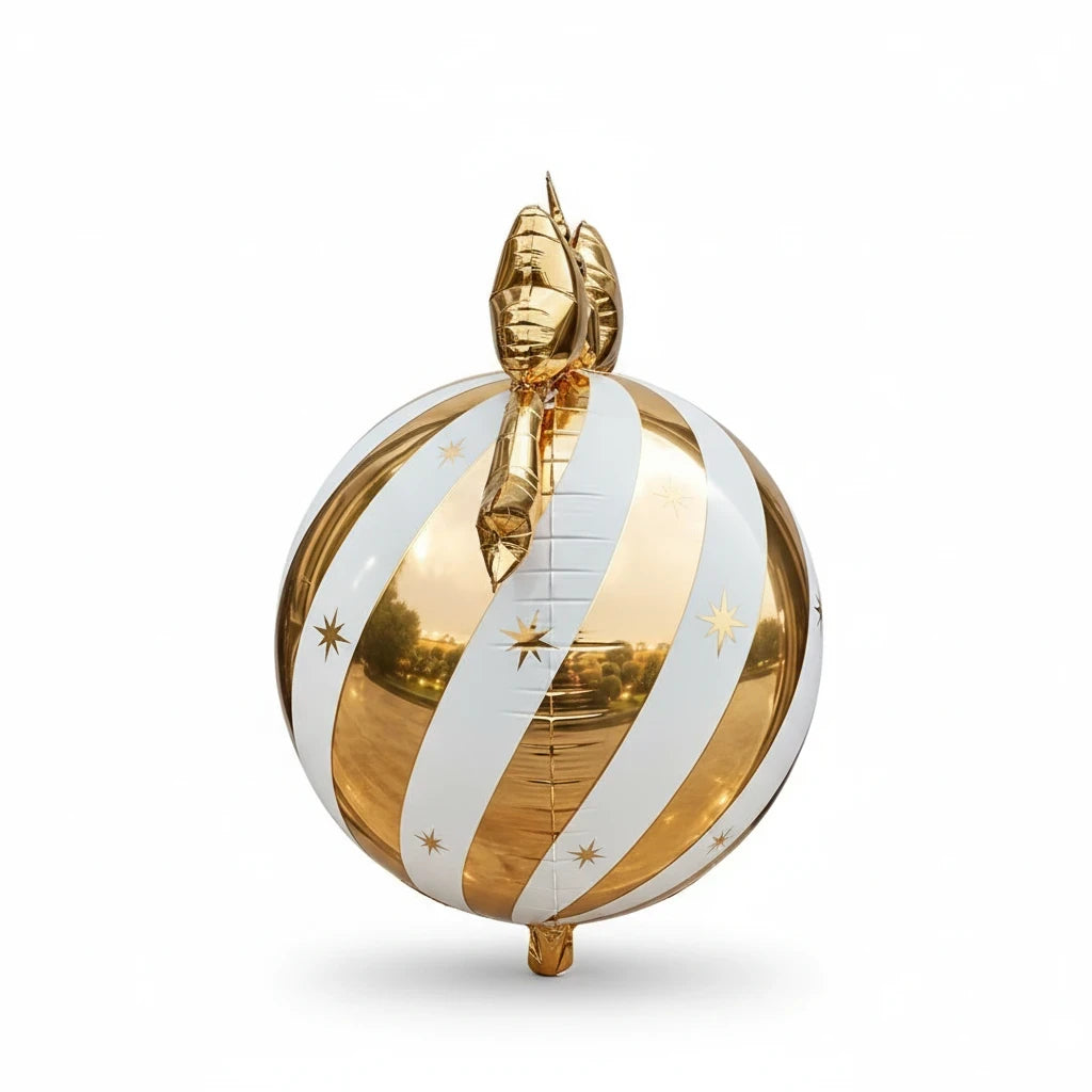 Party Paradise Store white and gold striped Christmas ornament balloon with star accents for holiday party decor.