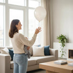 Party Paradise Store white metallic latex balloon held by a woman in a bright living room for a celebration