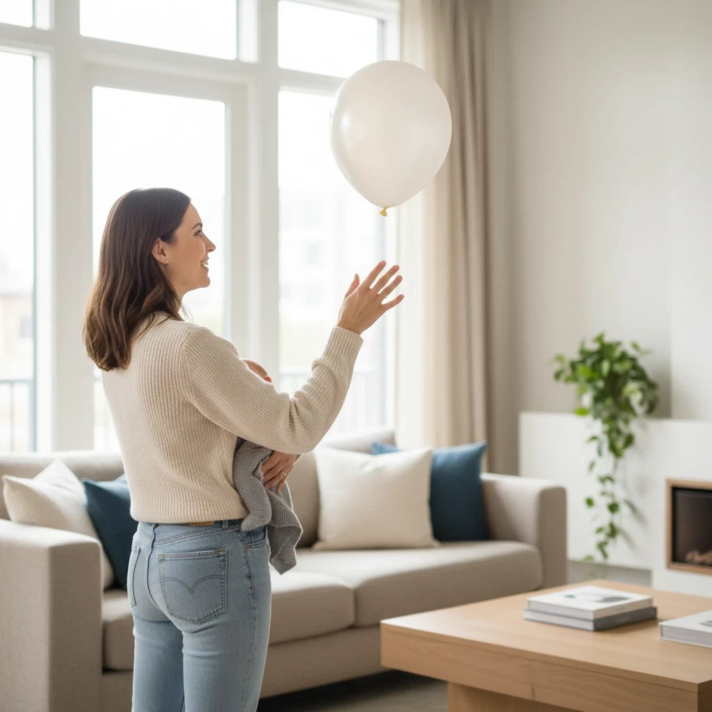 Party Paradise Store white metallic latex balloon held by a woman in a bright living room for a celebration