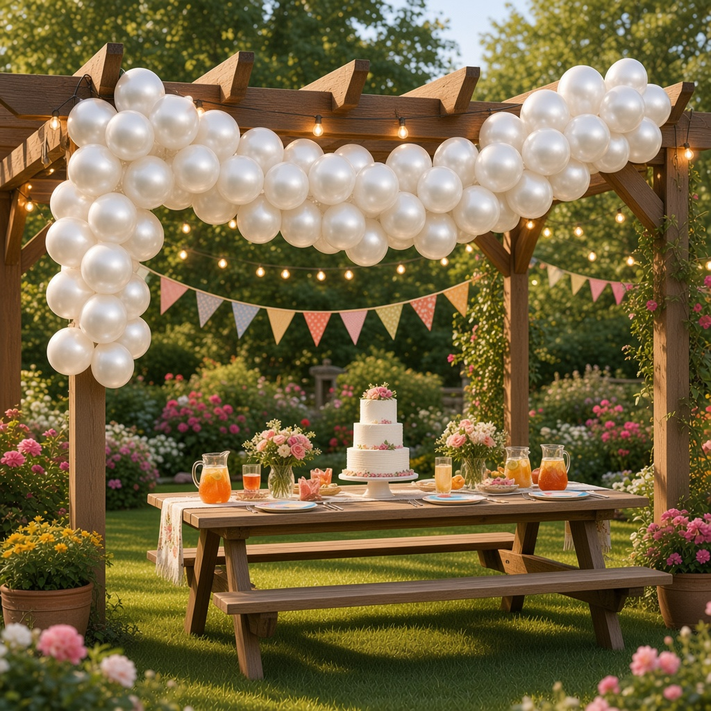 Party Paradise Store white metallic latex balloons arranged in a garland over a garden party table with a cake