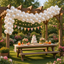 Party Paradise Store white metallic latex balloons arranged in a garland over a garden party table with a cake