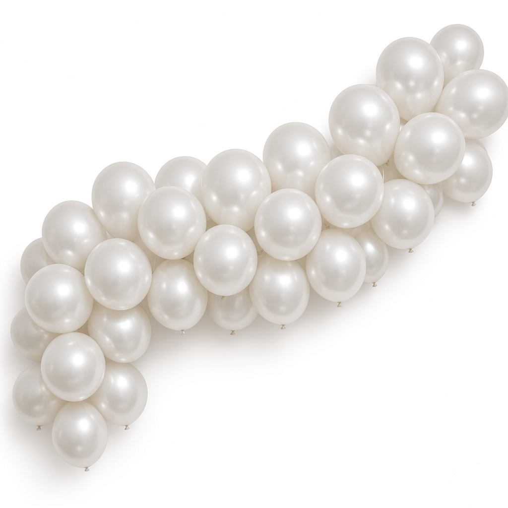 Party Paradise Store 12-inch white metallic latex balloons arranged in a decorative arch for party events.