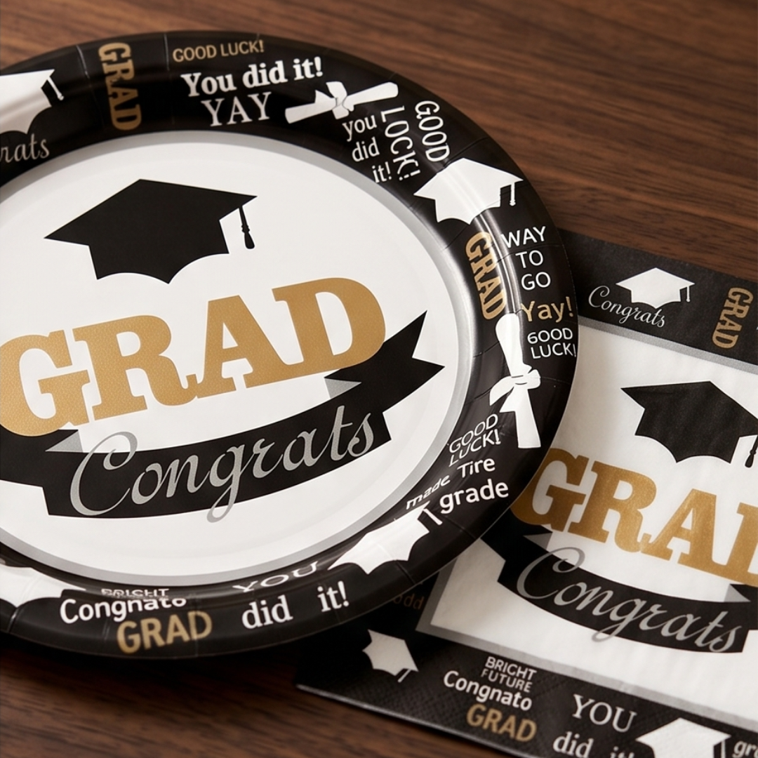 70PCS Graduation Plates and Napkins Set, 2026 Congrats Grad Disposable Tableware Set include Graduation Cap Paper Plate Napkins Cups for Grad Party Supplies, Serve for 16 Guests (Black)Graduation Tableware Set