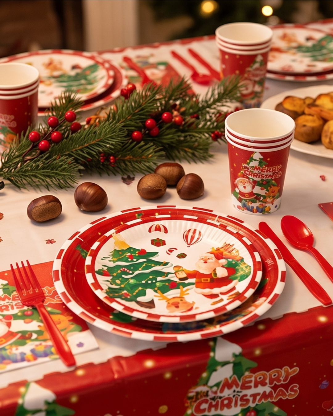 Merry Christmas Tableware Set 117 pcs Plates, Cups, Napkins, Cutlery for 10 guests.