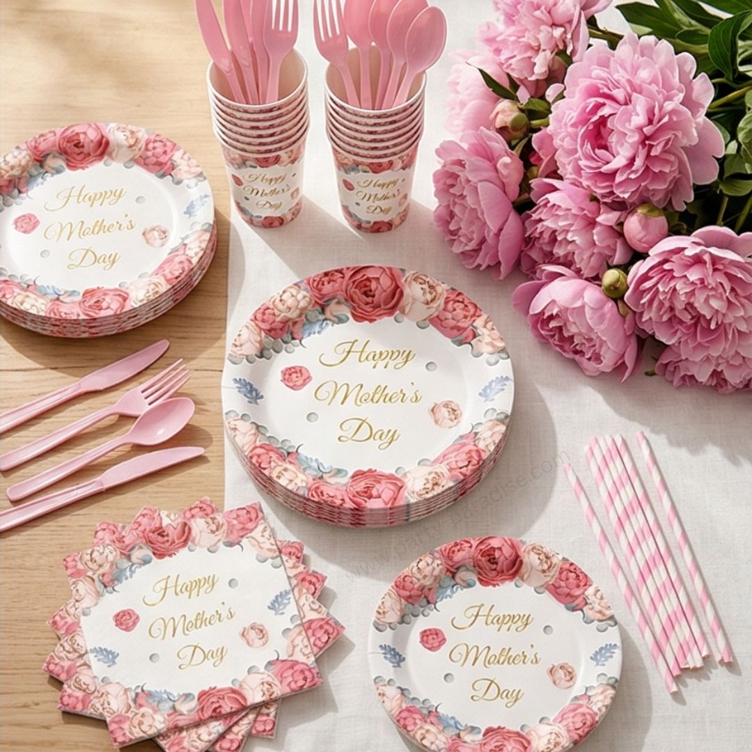 Happy Mother's Day Napkins and Plates Set for Family Dinner – Pink Floral Happy Mothers Day Disposable Paper Plates Tableware Dinnerware for Home Celebration 90pcs