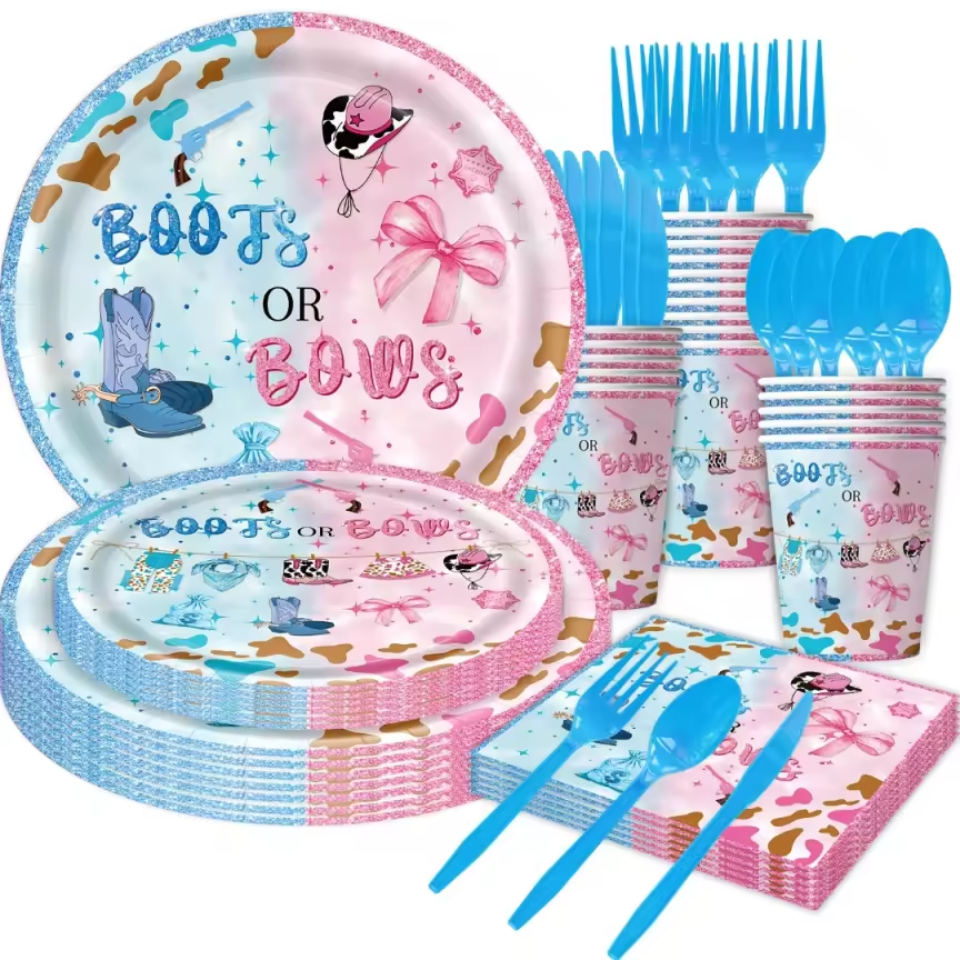 Boots or Bows Gender reveal tableware Set  80 piece set