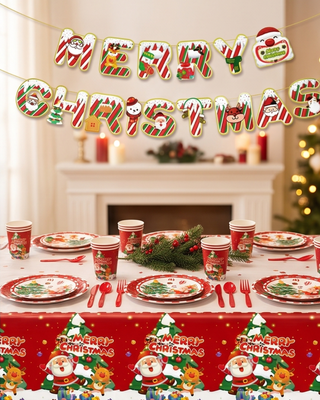 Merry Christmas Tableware Set 117 pcs Plates, Cups, Napkins, Cutlery for 10 guests.