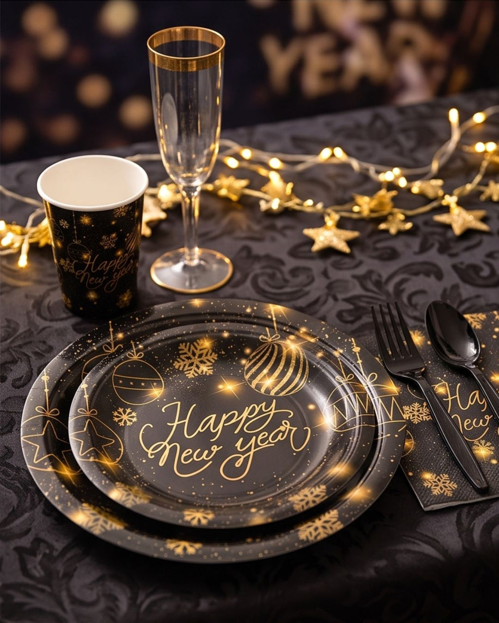 Happy New Year Tableware Set 194 pcs for 24 guests in Black and Gold Plates, Cups, Napkins Cutlery and More Happy New Year 2027