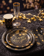 Happy New Year Tableware Set 194 pcs for 24 guests in Black and Gold Plates, Cups, Napkins Cutlery and More Happy New Year 2027