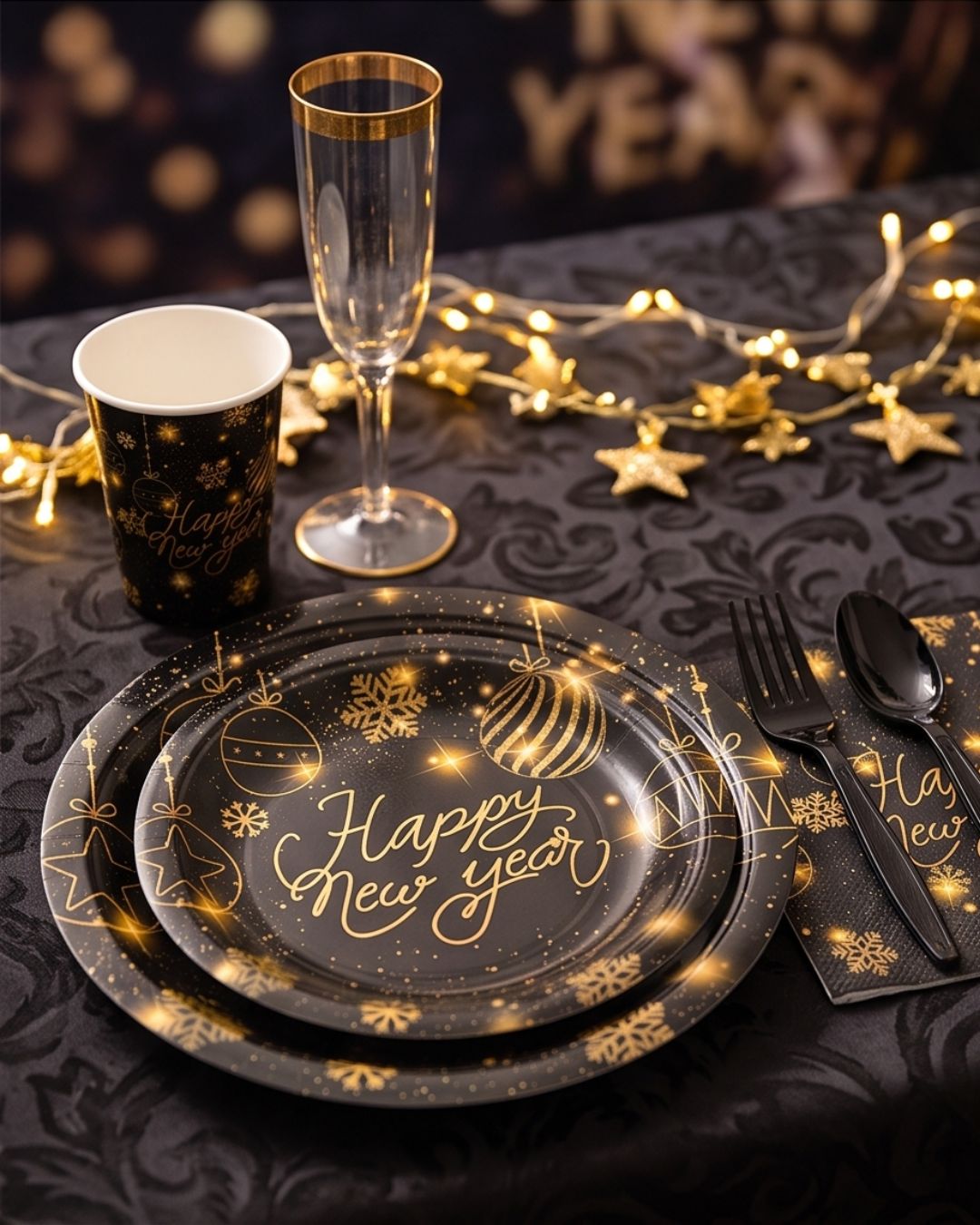 Happy New Year Tableware Set 194 pcs for 24 guests in Black and Gold Plates, Cups, Napkins Cutlery and More Happy New Year 2027