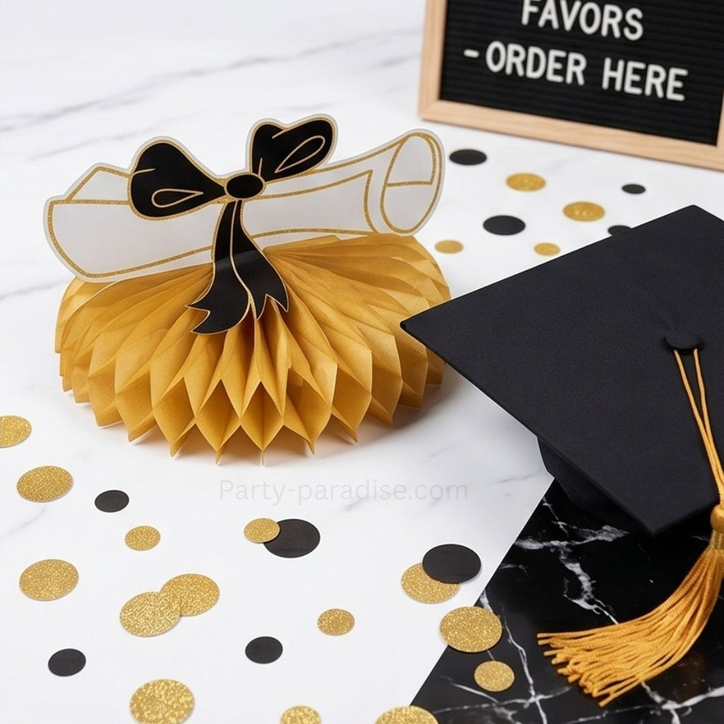 Graduation Table Decorations, Gold Black Honeycomb Centerpiece Glitter Graduation Centerpieces for Tables Congrats Grad Table Toppers Congratulate for Class of 2026 Grad Party Supplies, 5Pcs