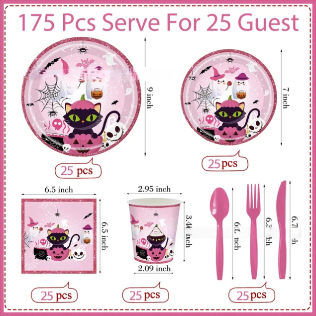 Pink Halloween Tablewear Set 175 PCS for 25 guests. Modern Cute Party Set.