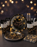 Happy New Year Tableware Set 194 pcs for 24 guests in Black and Gold Plates, Cups, Napkins Cutlery and More Happy New Year 2027